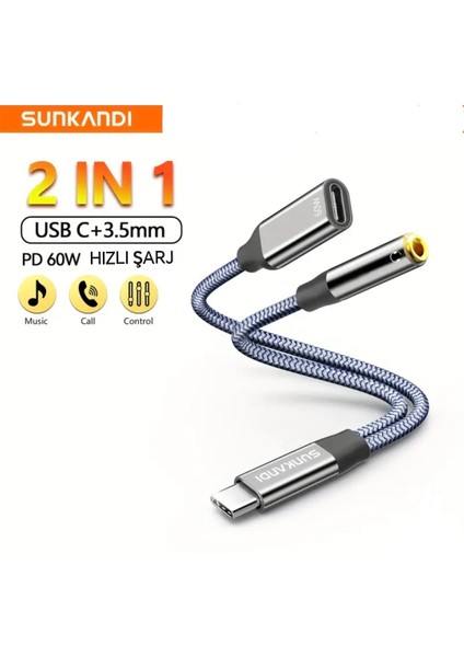 2'si 1 Arada Type-C To 3.5mm+60W Hızlı Şarj ve Kulaklık Çevirici DAC Çip+Hi-Fi Ses Teknolojisi Ce Lisanslı Sertifikalı Hasır Örgülü Sağlam Kablo