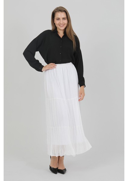 Kadın Şifon Astarlı Piliseli Etek Beyaz