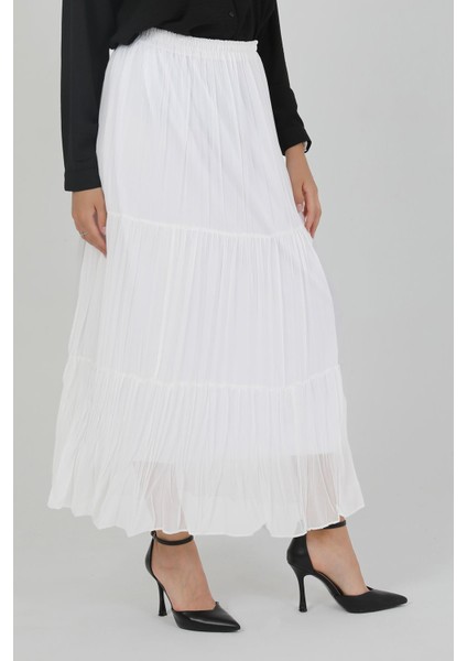 Kadın Şifon Astarlı Piliseli Etek Beyaz modelleri