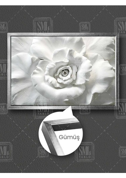 Beyaz Mermer Gül Bitki Doğa Lüx Dekor Çerçeveli Yatay Kanvas Tablo