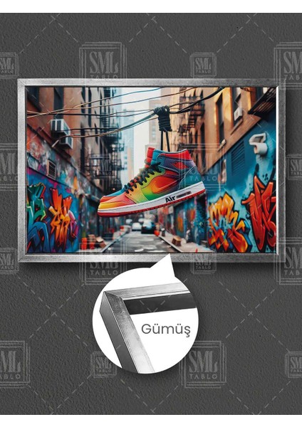 Ipe Asılı Jordan Ayakkabı Grafitti Sokak Sanatı Çerçeveli Yatay Kanvas Tablo