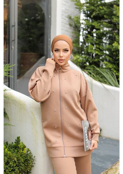 Boydan Fermuarlı Scuba Takım Camel