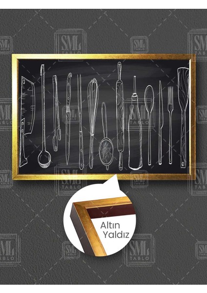 Mutfak Araç Gereçleri Kara Tahta Modern Mutfak Dekor Çerçeveli Yatay Kanvas Tablo