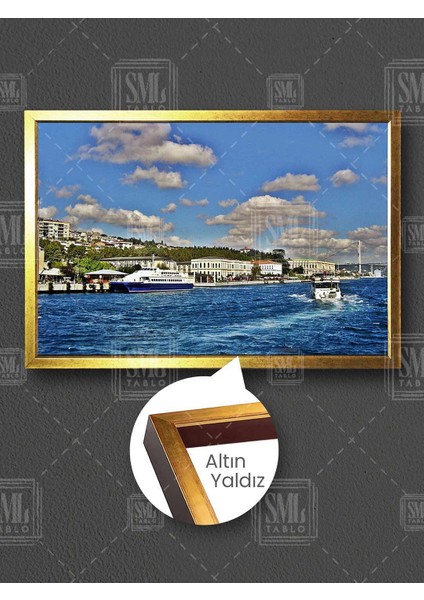 Istanbul Boğazı Vapur Beşiktaş Iskelesi Boğaz Manzara Köprü Çerçeveli Yatay Kanvas Tablo
