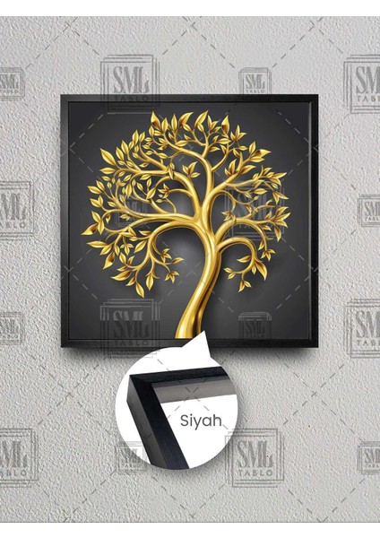 Gold Hayat Ağacı Altın Yapraklar Tree Lüks Dekor Çerçeveli Kare Kanvas Tablo