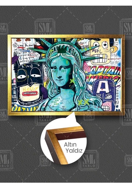 Mona Lisa New York Özgürlük Heykeli Grafiti Sokak Sanatı Çerçeveli Yatay Kanvas Tablo