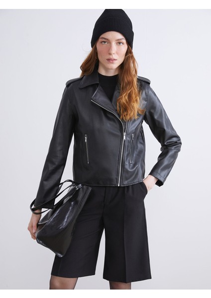 Yeni Sezon Biker Yaka Kadın Deri Görünümlü Ceket