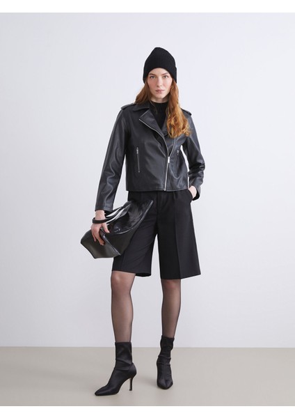 Yeni Sezon Biker Yaka Kadın Deri Görünümlü Ceket modelleri