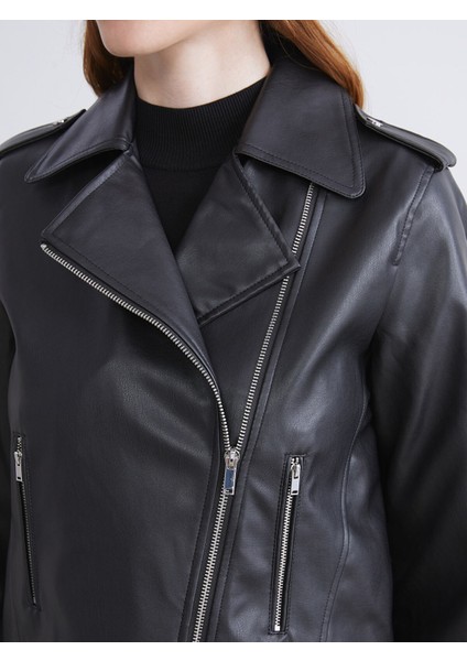 Yeni Sezon Biker Yaka Kadın Deri Görünümlü Ceket fırsatları