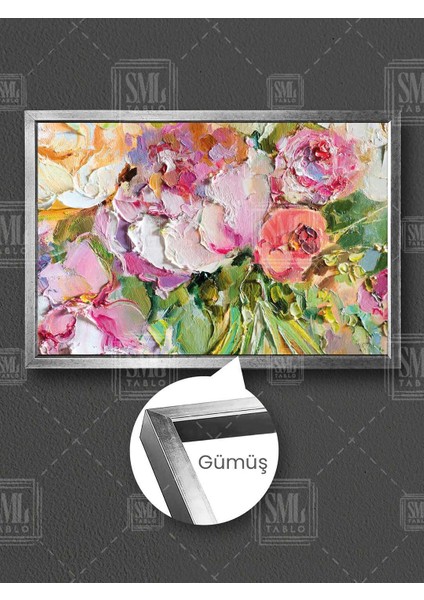 Pembe Gül Ortanca Çiçeği Buket Dekoratif Çerçeveli Yatay Kanvas Tablo