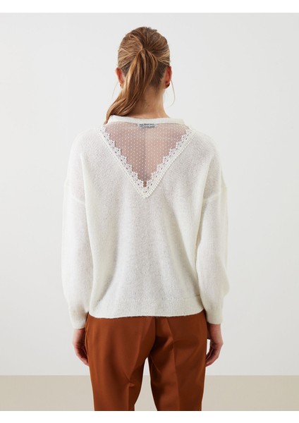 Yeni Sezon Bisiklet Yaka Dantel Detaylı Oversize Kadın Triko Kazak fırsatları