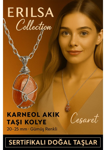 Sertifikalı Gümüş Tel Sargılı Doğal Karneol (Karnelyan) Akik Taşı Kolye – 20-25 mm Enerji ve Tutku Taşı