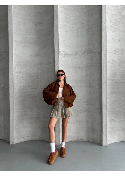 Zr Crop Bomber Taba Süet Oversize Ceket