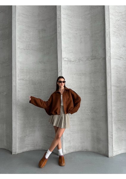 Zr Crop Bomber Taba Süet Oversize Ceket modelleri