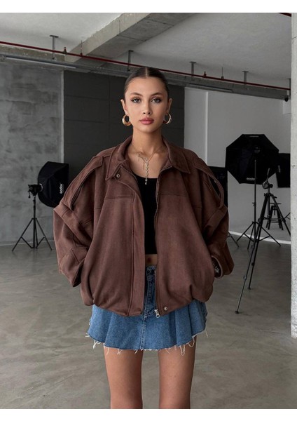 Zr Crop Bomber Kahverengi Süet Oversize Ceket