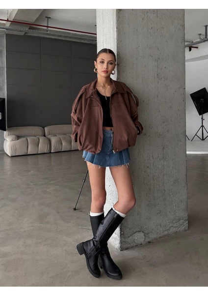 Zr Crop Bomber Kahverengi Süet Oversize Ceket fiyatları
