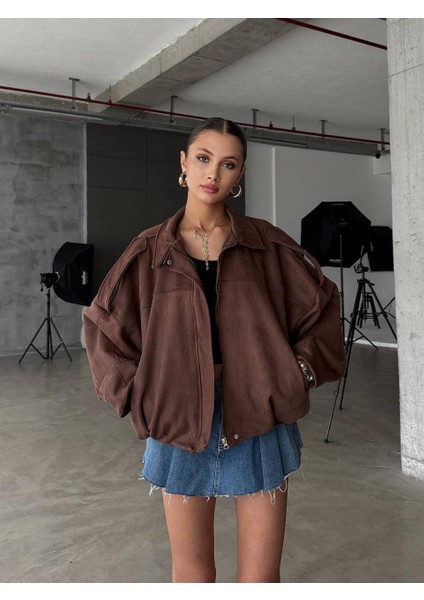 Zr Crop Bomber Kahverengi Süet Oversize Ceket modelleri