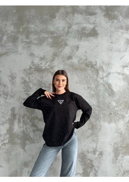 Taşlı Üçgen Siyah Uzun Kol Sweatshirt