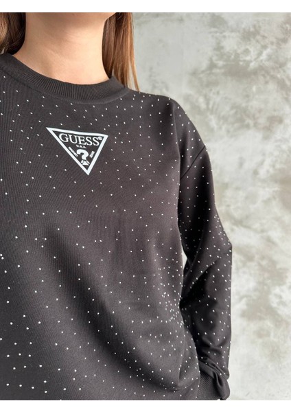 Taşlı Üçgen Siyah Uzun Kol Sweatshirt fırsatları