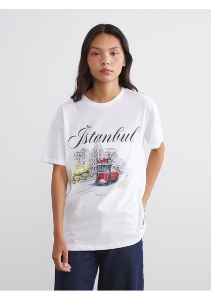 Yeni Sezon Bisiklet Yaka Istanbul Baskılı Kadın Tişört