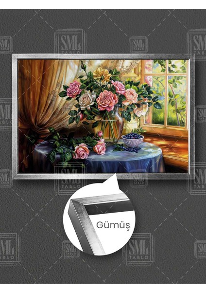 Cam Vazo Pembe ve Beyaz Güller Huzur Manzara Çerçeveli Yatay Kanvas Tablo