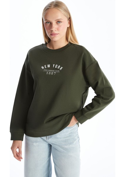 Yeni Sezon Bisiklet Yaka Baskılı Oversize Kadın Kalın Sweatshirt