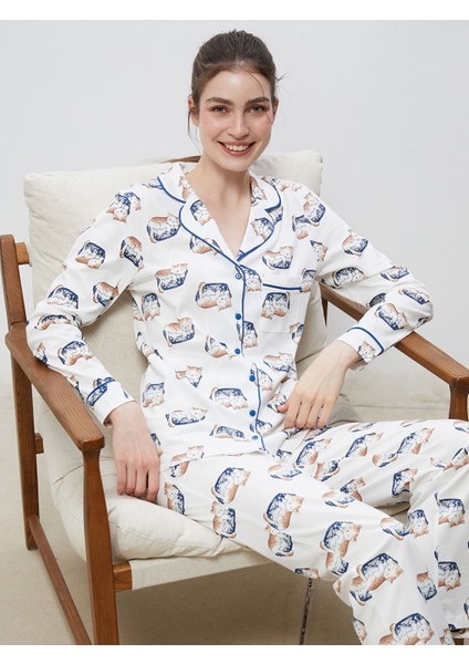 Yeni Sezon Gömlek Yaka Baskılı Kadın Pijama Takımı
