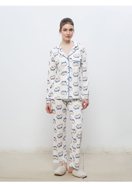 Yeni Sezon Gömlek Yaka Baskılı Kadın Pijama Takımı modelleri