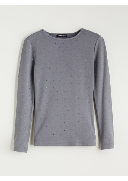 Yeni Sezon Bisiklet Yaka Taşlı Kadın Tişört