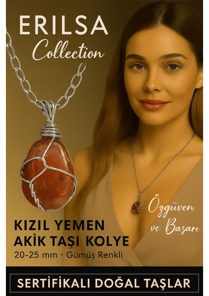 Sertifikalı Gümüş Tel Sargılı Doğal Kızıl Yemen Akik Taşı Kolye – 20-25 mm Koruma ve Denge Taşı