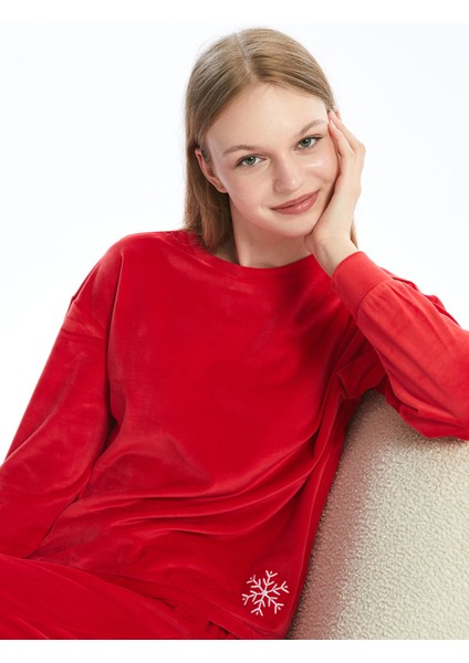 Yeni Sezon Bisiklet Yaka Nakışlı Uzun Kollu Kadın Pijama Takımı