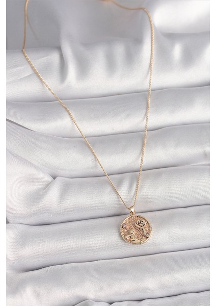 Pirinç Gold Renk Zirkon Taş Detaylı Gül Işleme Madalyon Model Kadın Kolye fiyatları