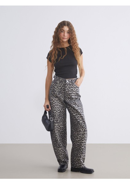 Yeni Sezon Baggy Fit Leopar Desenli Kadın Jean Pantolon