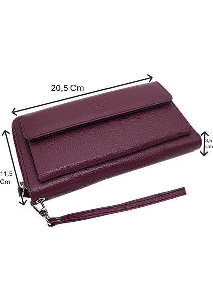 Daisy Unisex Hakiki Deri Kağıt Para ve Telefon Bölmeli Uzun Cüzdan, El Portföyü - Mor