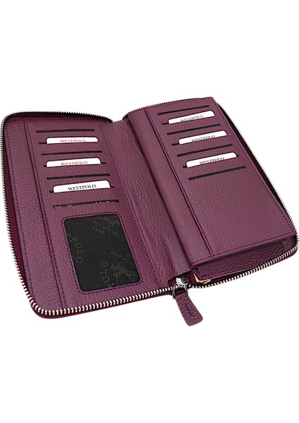 Daisy Unisex Hakiki Deri Kağıt Para ve Telefon Bölmeli Uzun Cüzdan, El Portföyü - Mor modelleri