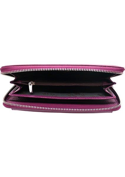 Daisy Unisex Hakiki Deri Kağıt Para ve Telefon Bölmeli Uzun Cüzdan, El Portföyü - Mor fırsatları