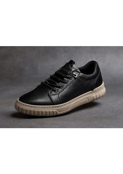 GR0397 Hakiki Deri Agresif Tarz Akıllı Bağcık Kemik Renk Şerit Taban Siyah Sneaker Ayakkabı