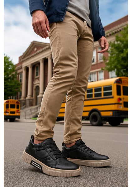 GR0397 Hakiki Deri Agresif Tarz Akıllı Bağcık Kemik Renk Şerit Taban Siyah Sneaker Ayakkabı modelleri