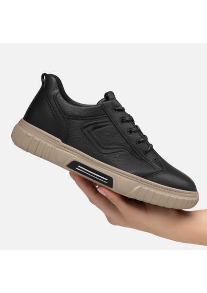 GR0397 Hakiki Deri Agresif Tarz Akıllı Bağcık Kemik Renk Şerit Taban Siyah Sneaker Ayakkabı indirimleri