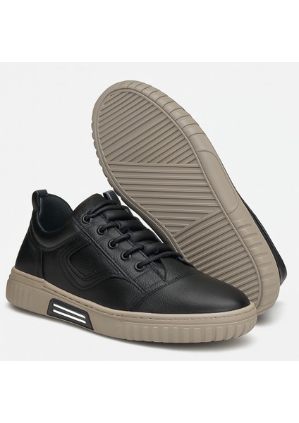 GR0397 Hakiki Deri Agresif Tarz Akıllı Bağcık Kemik Renk Şerit Taban Siyah Sneaker Ayakkabı