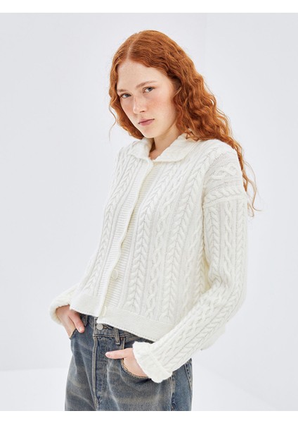 Yeni Sezon Polo Yaka Kendinden Desenli Kadın Triko Hırka