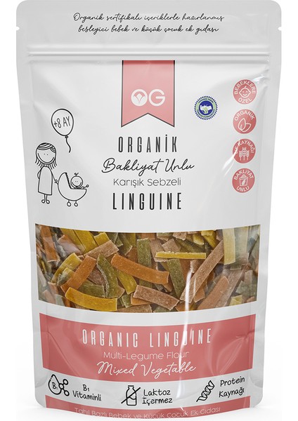 Organik Karışık Sebzeli Bakliyat Unlu Şerit Makarna Linguine 200 Gr +8 Ay