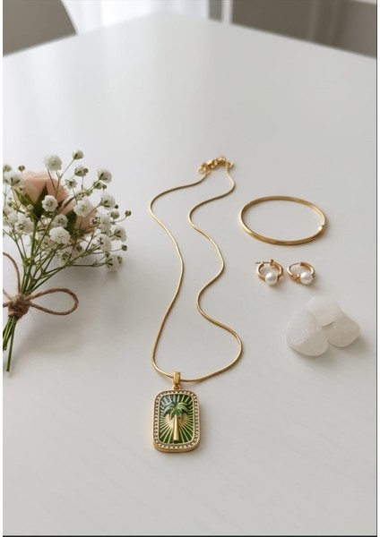Çelik Palmiye Tarot Kolye Gold Zincir Zirkon Taşlı Kolye