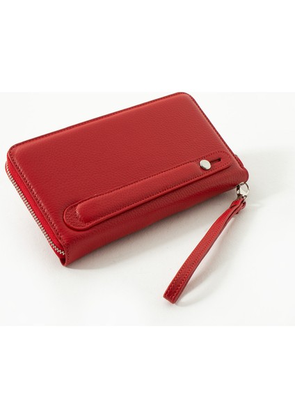Daisy Unisex Hakiki Deri Kağıt Para ve Telefon Bölmeli Uzun Cüzdan, El Portföyü - Kırmızı modelleri