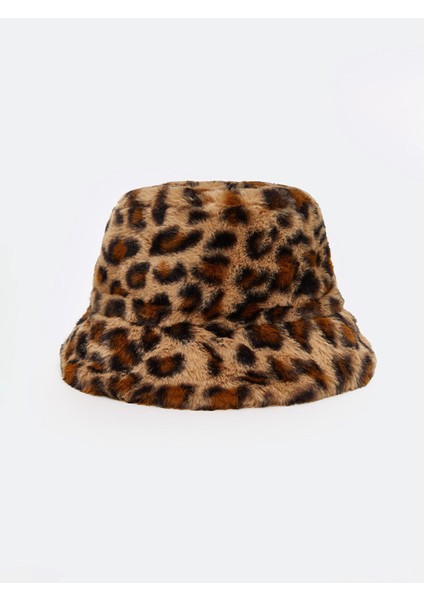 Yeni Sezon Leopar Desenli Kürklü Kadın Bucket Şapka