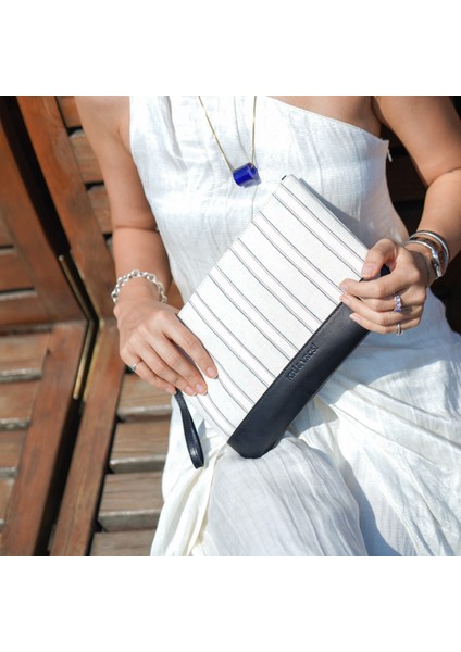 Defne - Siyah Deri Çizgili Dokuma Kumaş Portföy