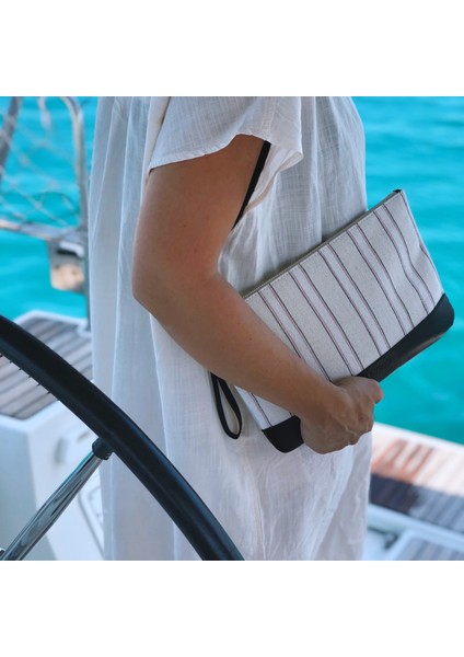 Defne - Siyah Deri Çizgili Dokuma Kumaş Portföy indirimleri