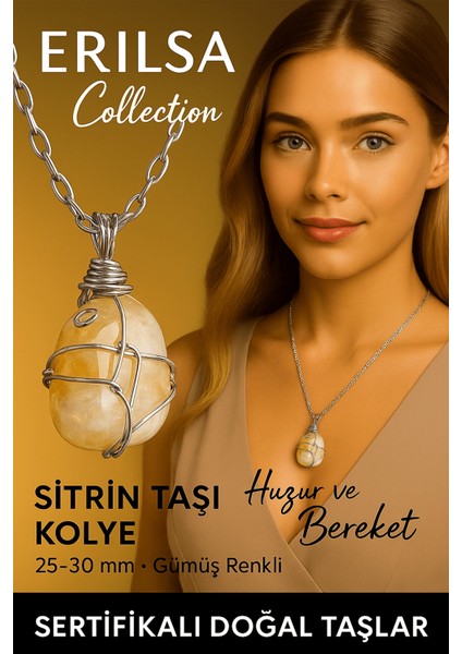 Sertifikalı Ham Tel Sargılı Sitrin Taşı Kolye