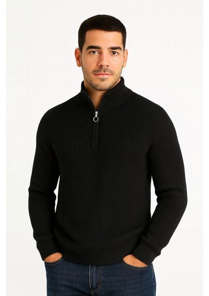 Erkek Yarım Fermuarlı Triko Kazak – Selanik Örgü, Dik Yaka, Pamuklu Dokuma, Regular Fit Uzun Kollu Kışlık Model - Siyah fırsatları