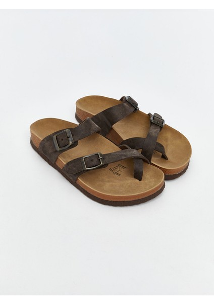 Yeni Sezon Deri Görünümlü Çift Bantlı Kadın Terlik